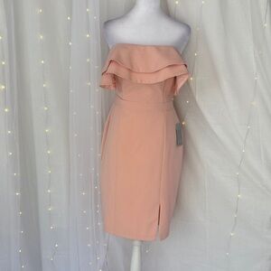 Adelyn Rae Strapless Ruffle Sheath Dress in Peach